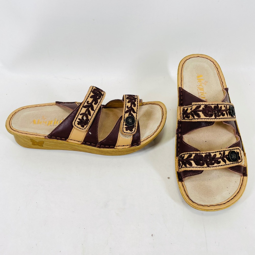 Alegria CLA-612 Mahogany Leather Embroidered Wedge Slide Sandals Womens 39